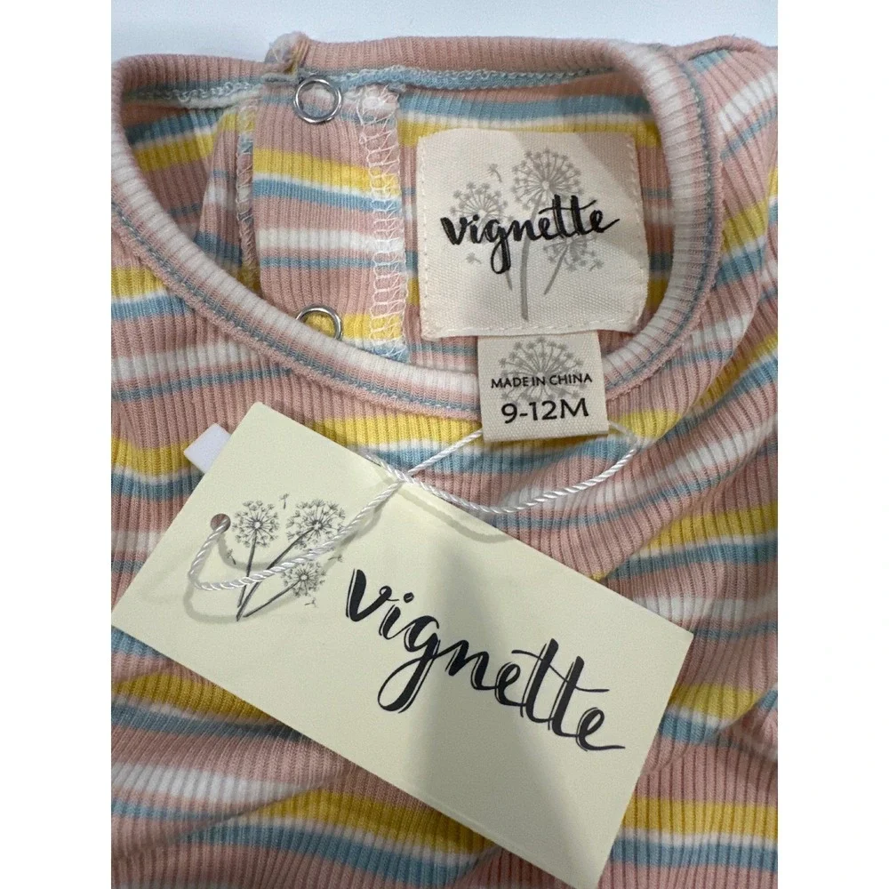 Vignette Baby Girls Pastel Stripe Ribbed Romper Sleeveless Pink Yellow 9-12M NEW